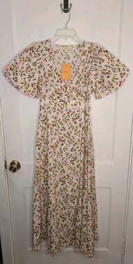 La Maregold Flora Dress Vintage Floral White Cotton Wrap Midi Dress NWT Sz XS